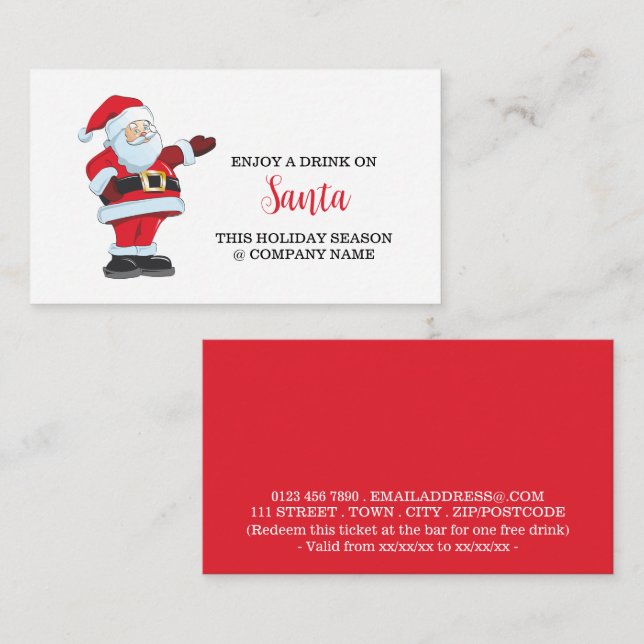 Cartão De Informações Feriado Festivo - Papai Noel - Bilhete de Bebidas (Frente/Verso)