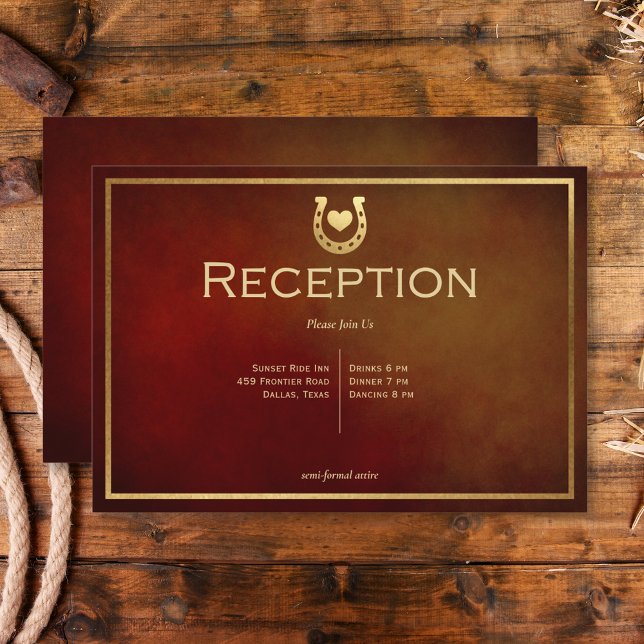 Cartão De Informações Ferradura russa ocidental Borgonha e recepção Dour (Western Rustic Horseshoe Burgundy & Gold Reception Enclosure Card)
