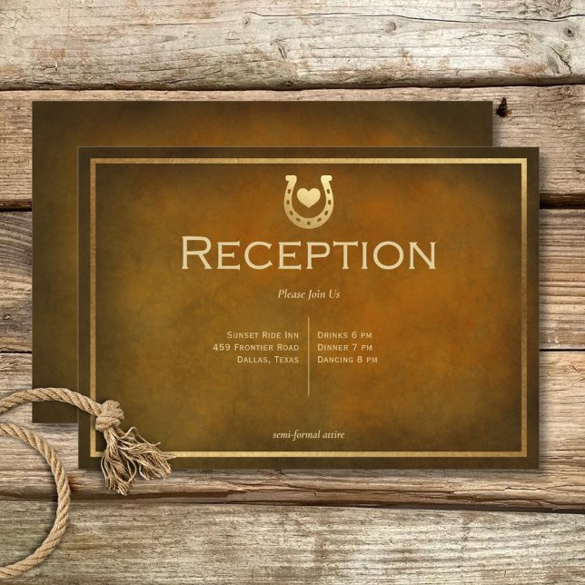 Cartão De Informações Ferradura russa ocidental Castanho e Recepção Dour (Western Rustic Horseshoe Brown & Gold Reception Enclosure Card)