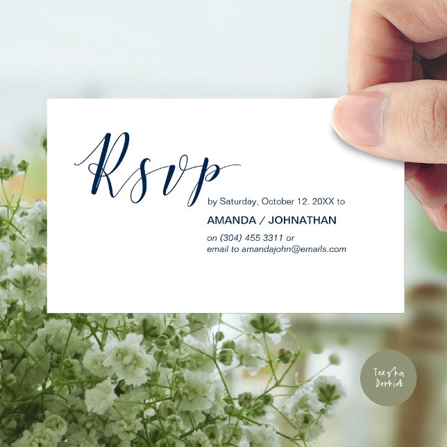 Cartão De Informações Festa Convida RSVP, Marinho Elegante Moderno Azul (Modern Wedding RSVP Invitation Card, Online reply, Email or phone, in navy blue)