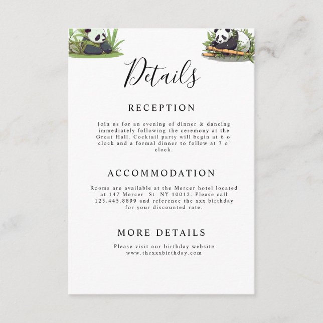 Cartão De Informações Festa de aniversário Bamboo de Panda Verde (Frente)