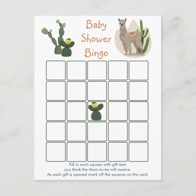 Cartão De Informações Fiesta Llama Cactus Baby Bingo Game Enclosure Card (Frente)