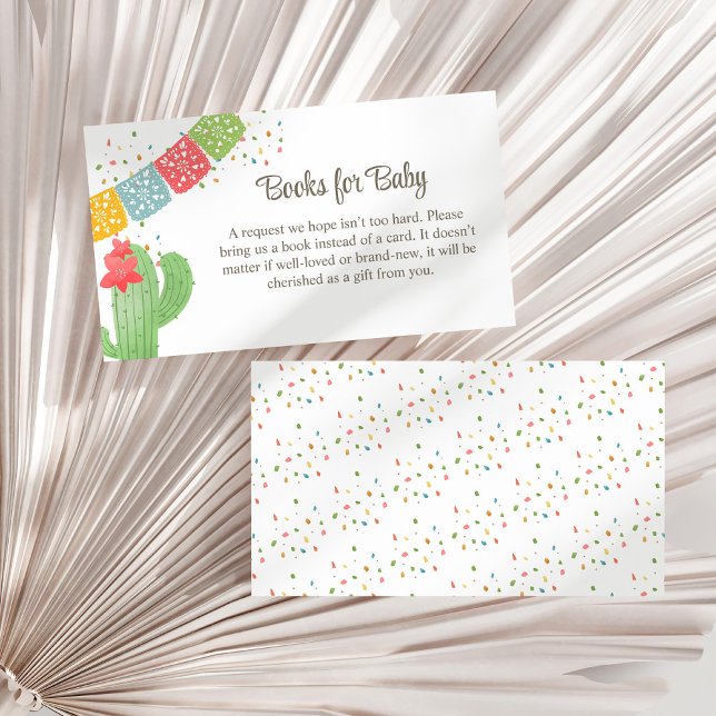Cartão De Informações Fiesta Mexicana Cactus Confetti Livros para Bebê (Fiesta Mexicana Cactus Confetti Books for Baby Enclosure Card on a dry white fan palm leaf.)