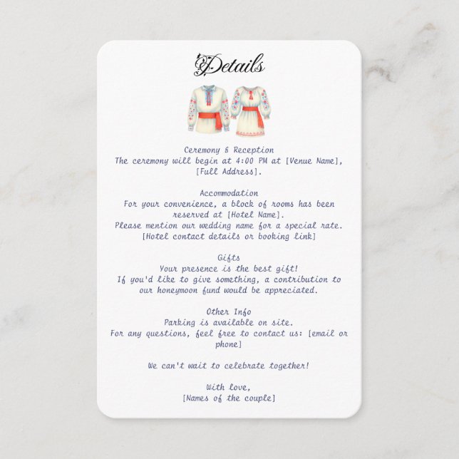 Cartão De Informações Figurinos Tradicionais de Casamento Russo Romenos (Frente)