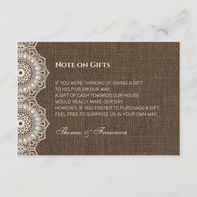 Cartão De Informações Filipiniana Lace no Burlap Wedt Gift Guide Card (Frente)