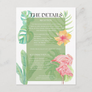 Cartão De Informações Flamingo Rosa, Folhas Tropicais e casamento floral
