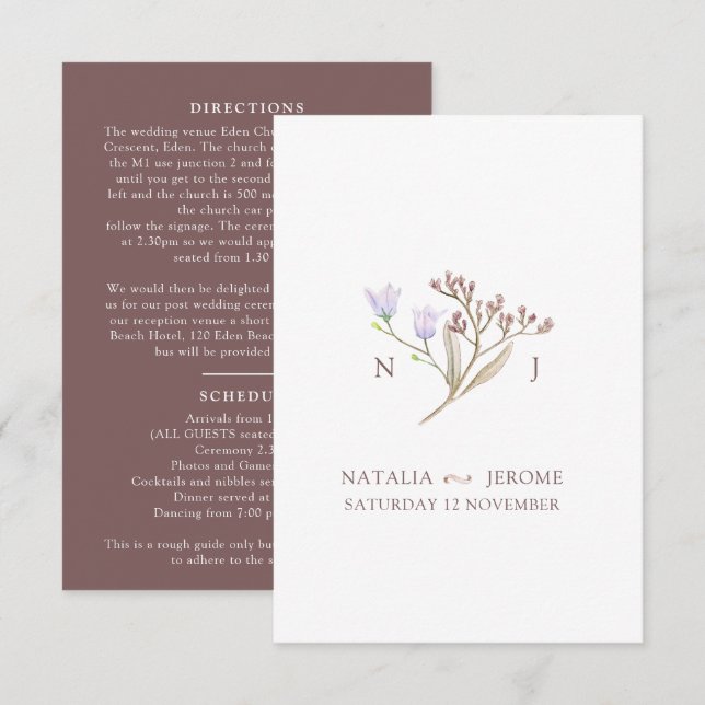 Cartão De Informações Flor silvestre monograma marrom informações para c (Frente/Verso)