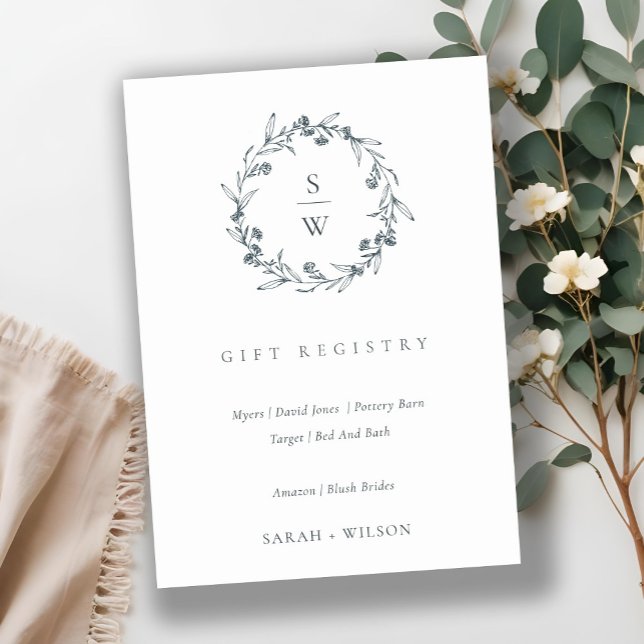 Cartão De Informações Flora Laurel Wreath Monograma Wedding Gift Registr (Criador carregado)