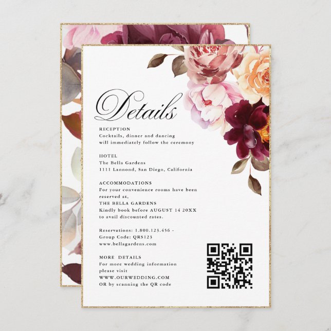 Cartão De Informações Floral Aquarela Detalhes Burgundy RSVP&QR Casament (Frente/Verso)