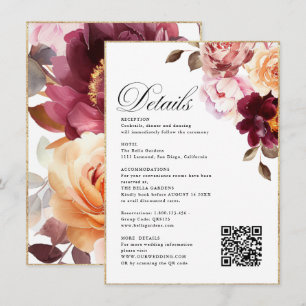 Cartão De Informações Floral Aquarela Detalhes Burgundy RSVP&QR Casament