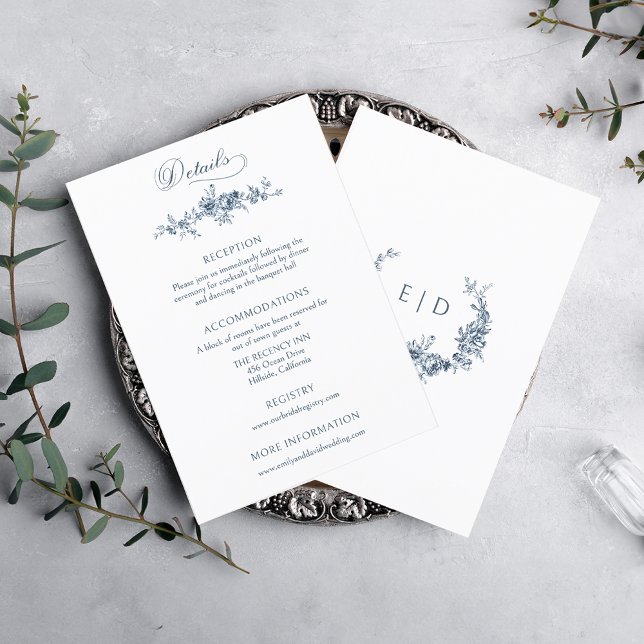 Cartão De Informações Floral Azul Francês Gravado Elegante (Criador carregado)