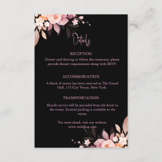 Cartão De Informações Floral Black & Blush Rose Wedding
