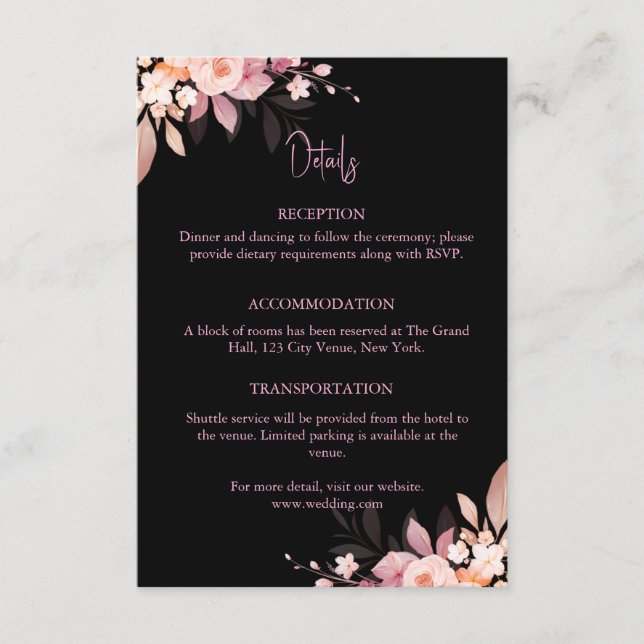 Cartão De Informações Floral Black & Blush Rose Wedding (Frente)