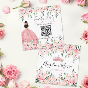 Cartão De Informações Floral Blush Rosa Quinceanera RSVP Código QR