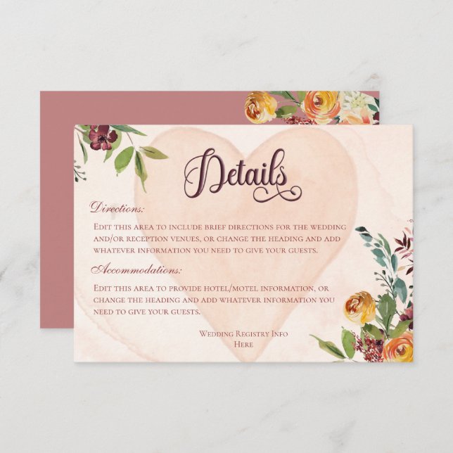 Cartão De Informações Floral Boho Heart Peach Detalhes do Casamento (Frente/Verso)
