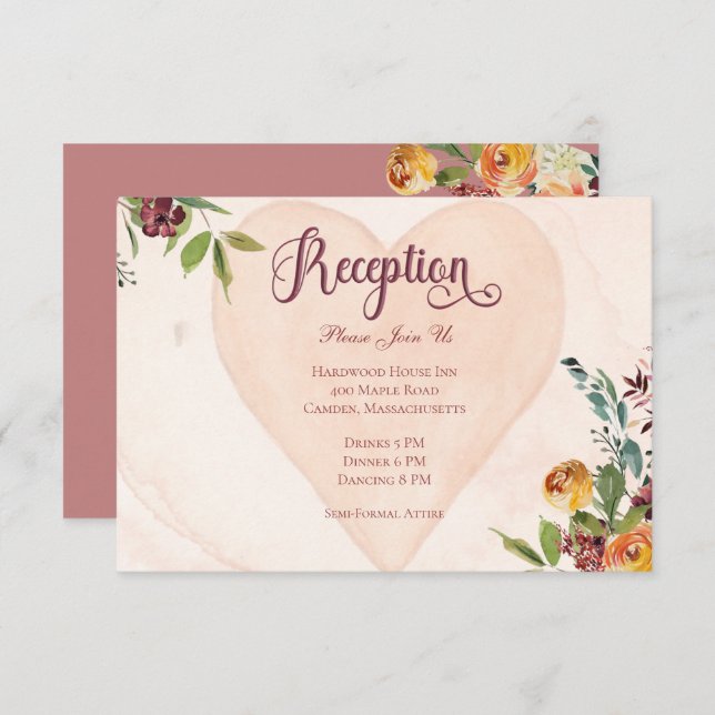 Cartão De Informações Floral Boho Heart Peach Recepção de casamento (Frente/Verso)