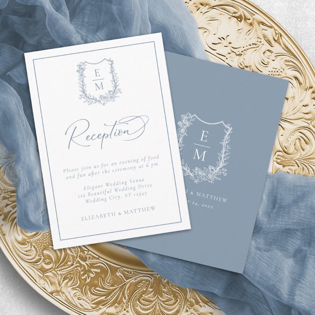 Cartão De Informações Floral Crest Monograma Recepção de Casamento Azul  (Criador carregado)