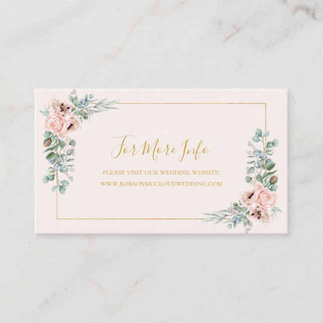 Cartão De Informações Floral de Blush Elegante | Site Pastel Wedding (Frente)