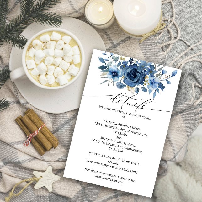Cartão De Informações Floral de inverno azul-gelo Elegante (Elegant Ice Blue Winter Floral Enclosure Card #navyblue #winterweddinginvitation)