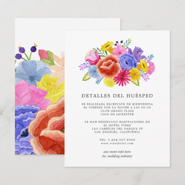 Cartão De Informações Floral Espanhol Fiesta Weding Guest Details (Frente/Verso)