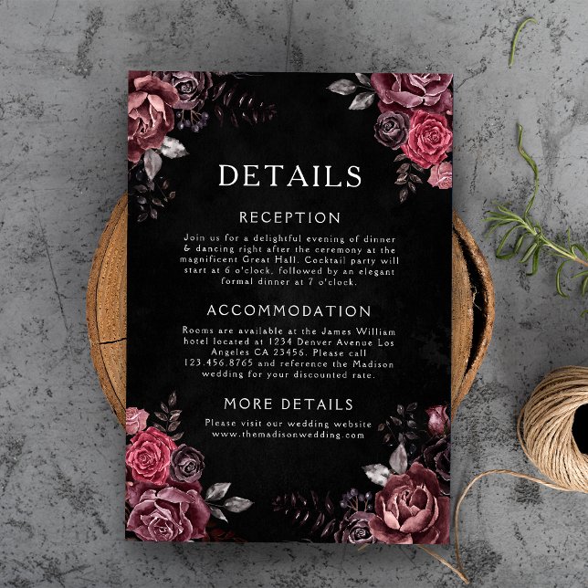 Cartão De Informações Floral Gothic Details Wedding Black (Criador carregado)