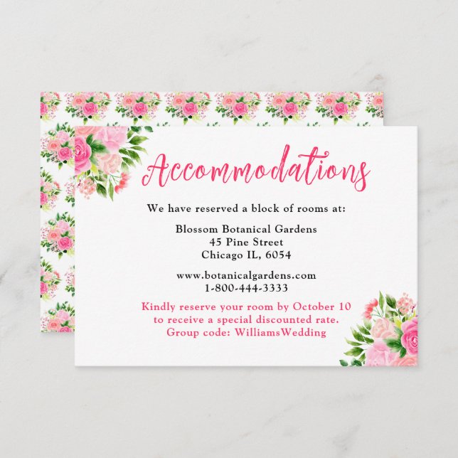 Cartão De Informações Floral Pink Roses Wedding Accommodations  (Frente/Verso)