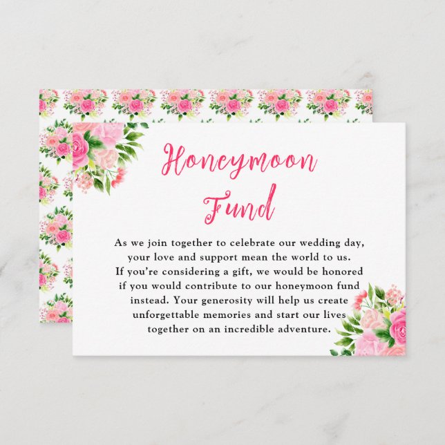 Cartão De Informações Floral Pink Roses Wedding Honeymoon Fund (Frente/Verso)