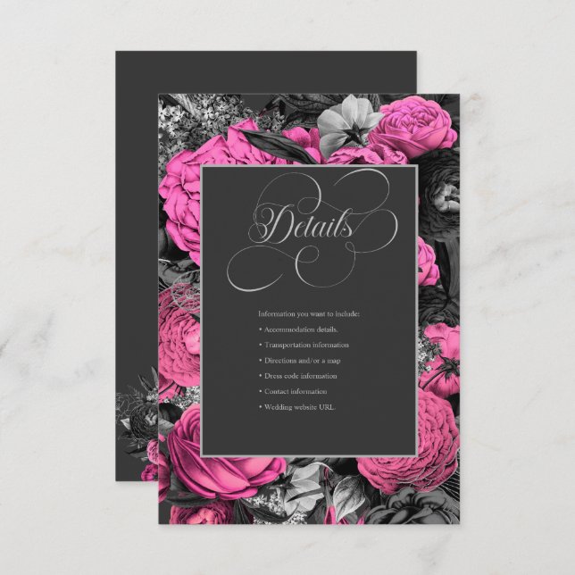 Cartão De Informações Floral Rosa Preto | Casamento Botânico Chic Modern (Frente/Verso)