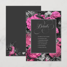 Cartão De Informações Floral Rosa Preto | Casamento Botânico Chic Modern