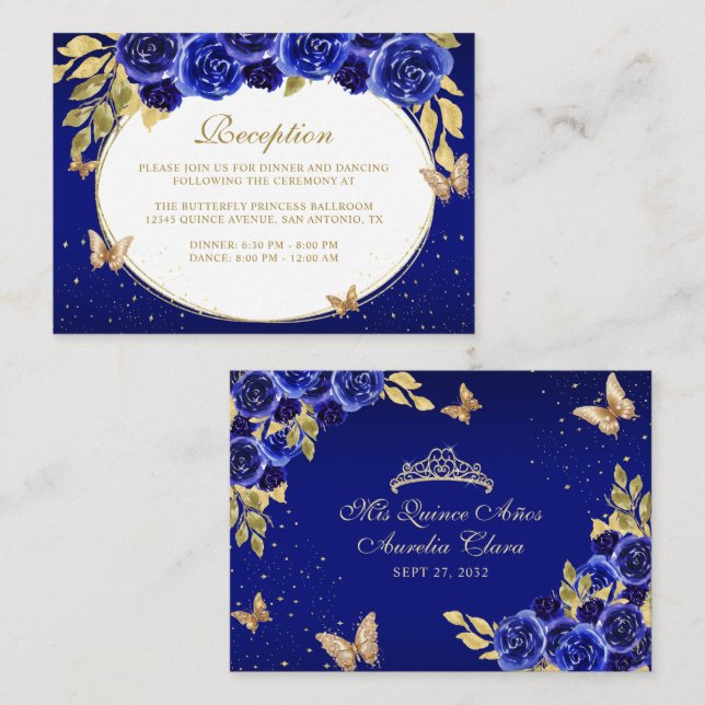 Cartão De Informações Floral Royal Blue Tiara Butterfly Quinceañera (Frente/Verso)
