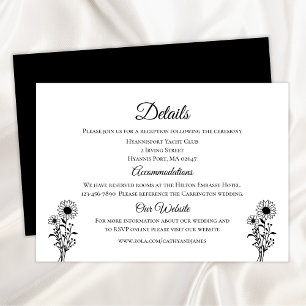 Cartão De Informações Floral Sunflower Black White Wedding Detalhes