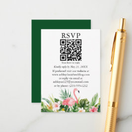 Cartão De Informações Floral Tropical Flamingo QR RSVP Verde