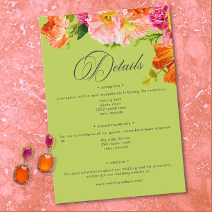 Cartão De Informações Floral Vibrante de Verão Laranja Rosa Casamento