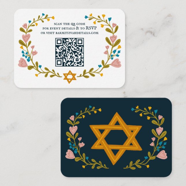 Cartão De Informações Floral Wreath Bat Mitzvah Código QR personalizado  (Frente/Verso)