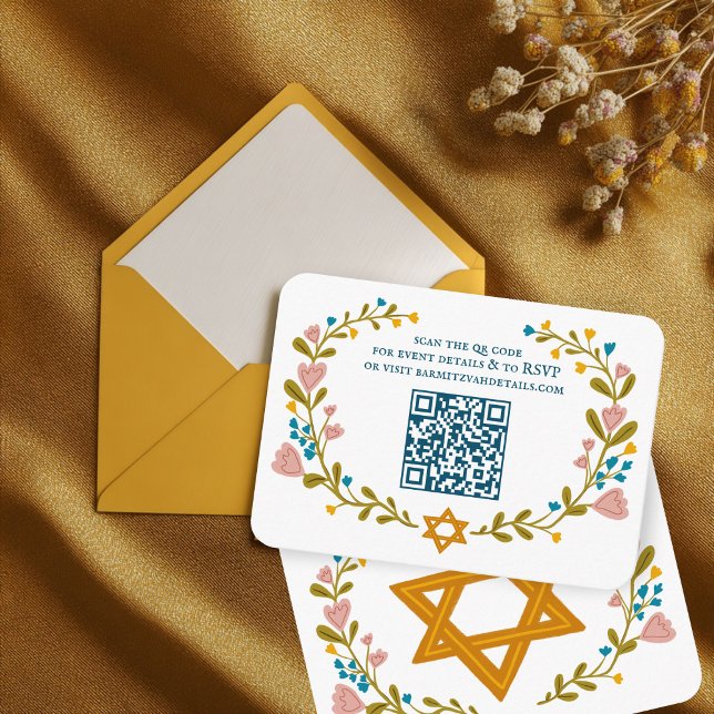 Cartão De Informações Floral Wreath Bat Mitzvah Código QR personalizado  (Floral Wreath Bat Mitzvah Hand-drawn Custom QR code Enclosure Card
)