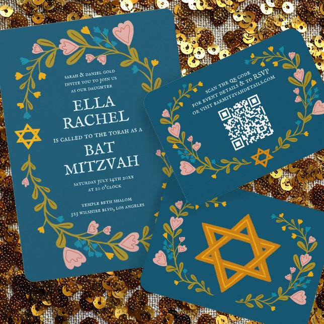 Cartão De Informações Floral Wreath Bat Mitzvah Código QR personalizado  (Floral Wreath Bat Mitzvah Hand-drawn Custom QR code Enclosure Card
)