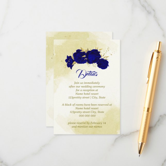 Cartão De Informações Flores azuis reais douradas botânica casamento (Frente/Verso In Situ)