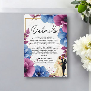 Cartão De Informações Flores Azuis Roxas Aquarela Casamento Elegante