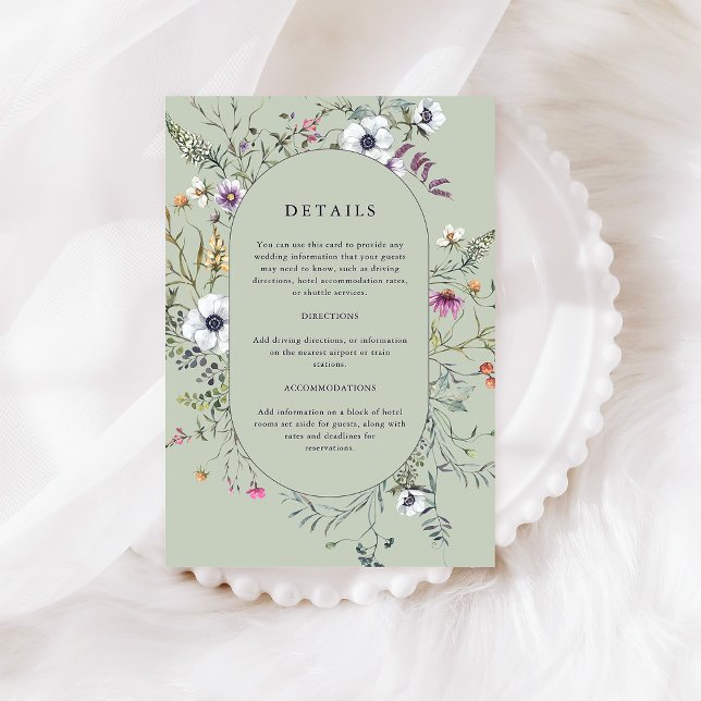 Cartão De Informações Flores Botânicas | Detalhes do Casamento Verde Sua (A pretty wildflower frame decorates these stylish soft green wedding detail cards)