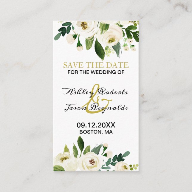 Cartão De Informações Flores Brancas Aquarela Salvar Data (Frente)