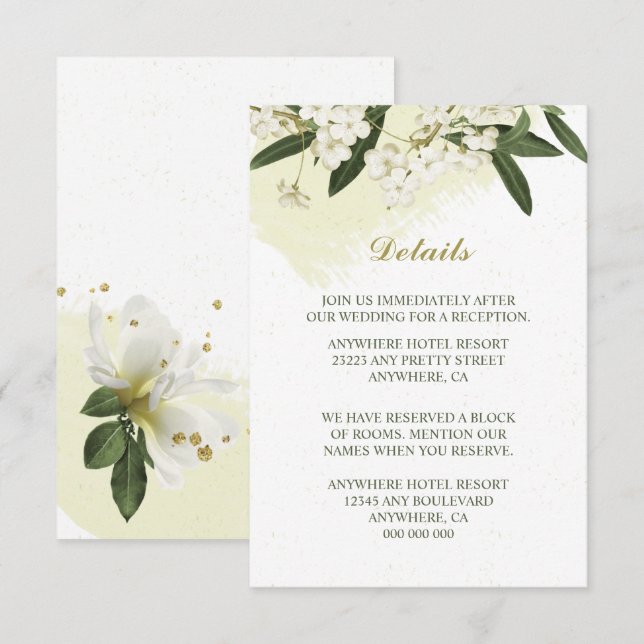 Cartão De Informações flores brancas e douradas folhas verdes detalhes (Frente/Verso)