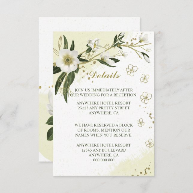 Cartão De Informações flores brancas e douradas folhas verdes detalhes (Frente/Verso)