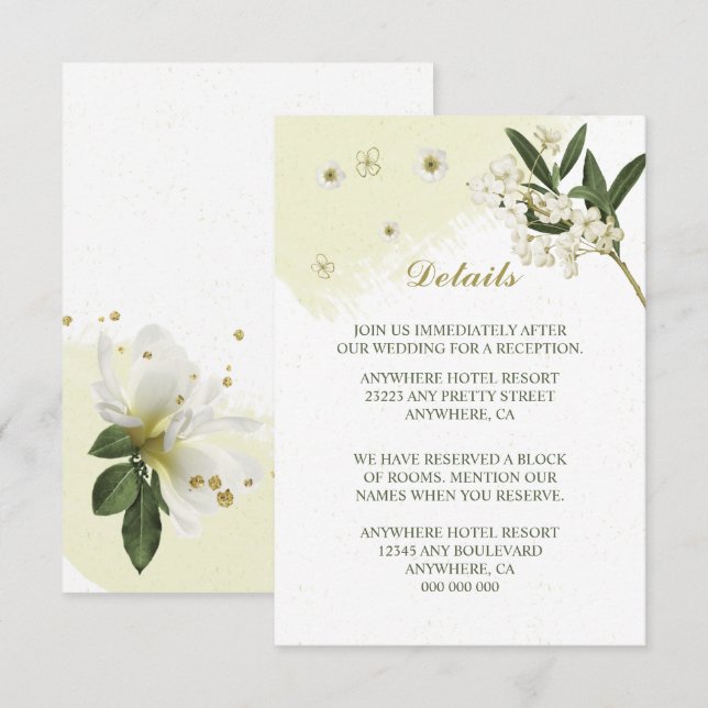 Cartão De Informações flores brancas e douradas folhas verdes detalhes (Frente/Verso)