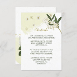 Cartão De Informações flores brancas e douradas folhas verdes detalhes