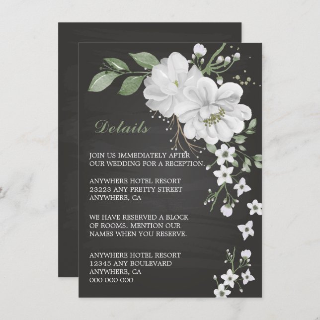 Cartão De Informações flores brancas verde preto cercado (Frente/Verso)