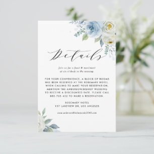 Cartão De Informações Flores de Aquarela Azul e Branco Detalhes do Casam