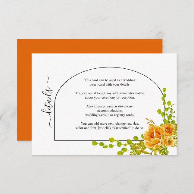Cartão De Informações Flores de aquarela laranja e casamento outono de a (Frente/Verso)
