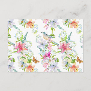 Cartão De Informações Flores de Casamento Lírios e Pássaros Aquarela
