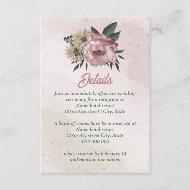 Cartão De Informações flores de champanhe rosa casamento (Frente)