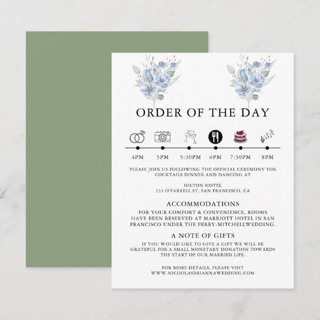 Cartão De Informações flores e folhas em aquarela azul empoeirado rústic (Frente/Verso)